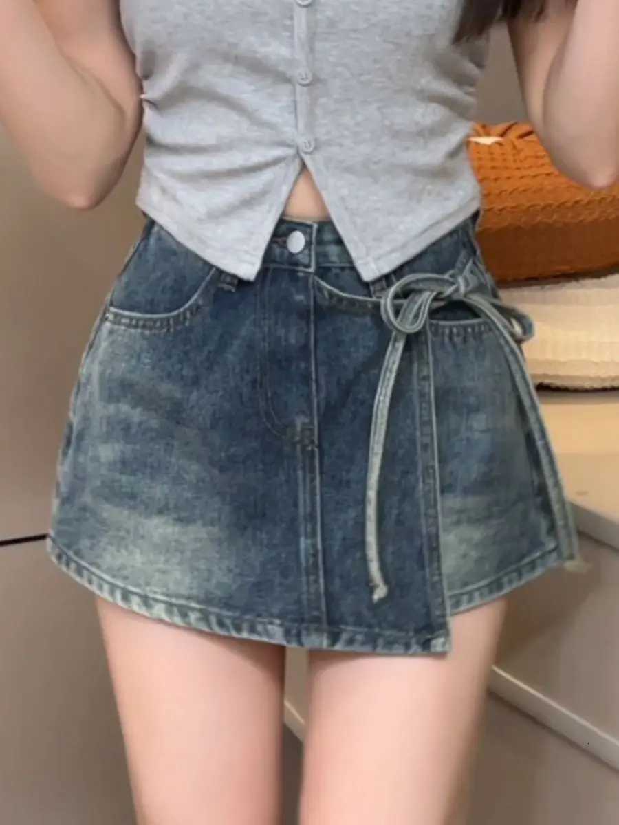 Womens Vintage Washed Denim Mini Skort High Waist Tie Detail Wrap Skirt Casual Y2k Streetwear A-Line Skirt with Pocket 2026 New C260507