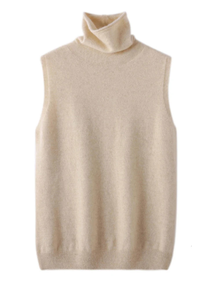 Beige Merino Wool Sleeveless Turtleneck Pullover Sweater Vest, Women's Sexy Knit Waistcoat Top