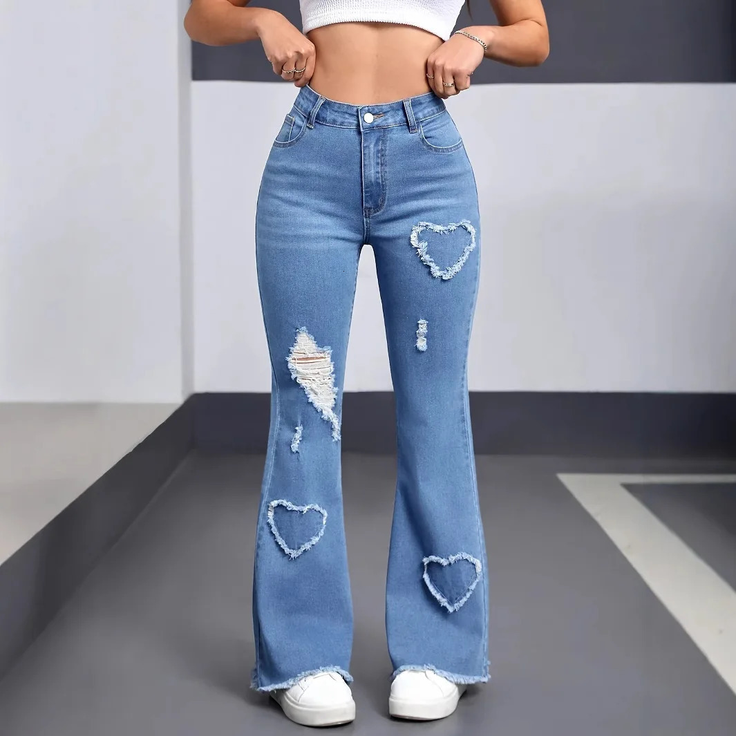 Denim Flared Pants Women Hole Jeans Boot Cut Distressed 2025 Streetwear High Waist Stretch Washed Vintage Full Length Trousers 260430