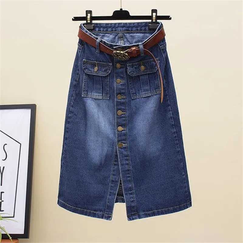 2026 Women Spring Autumn New Front Split Denim Sheath Skirts Female Single-Breasted Midi Skirts Ladies High Waist Pencil Skirts C260507