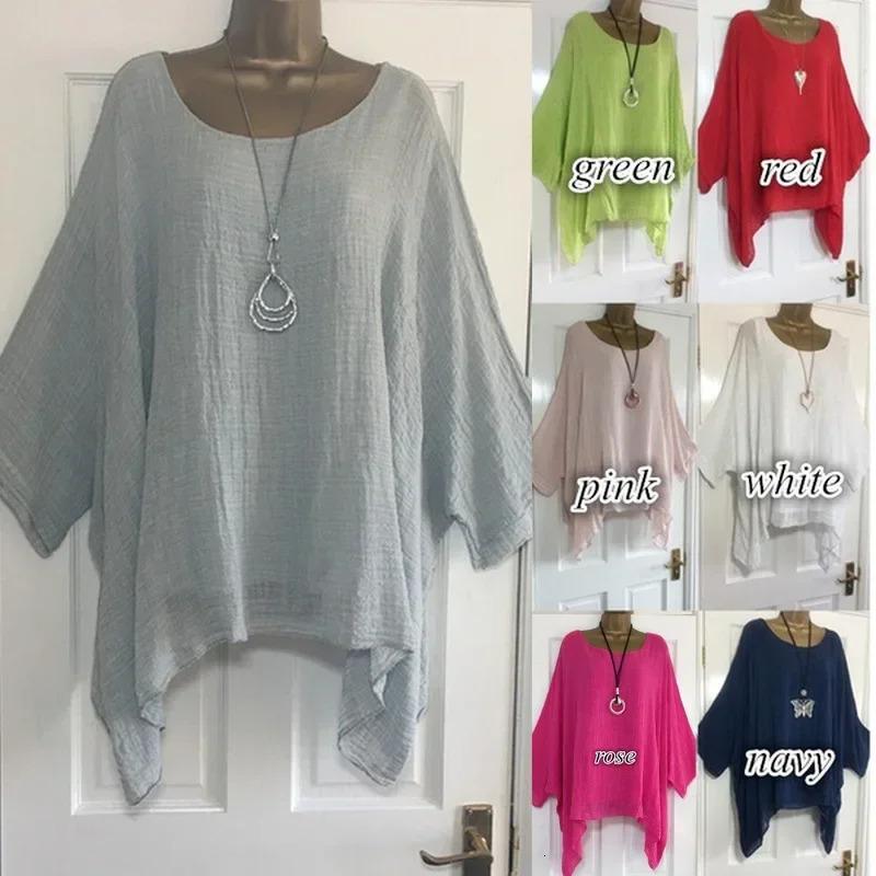 Women t-shirts Plus Size 5XL T-Shirt Linen O Neck Casual Loose Shirt Summer Autumn Solid Batwing Long Sleeve 260430