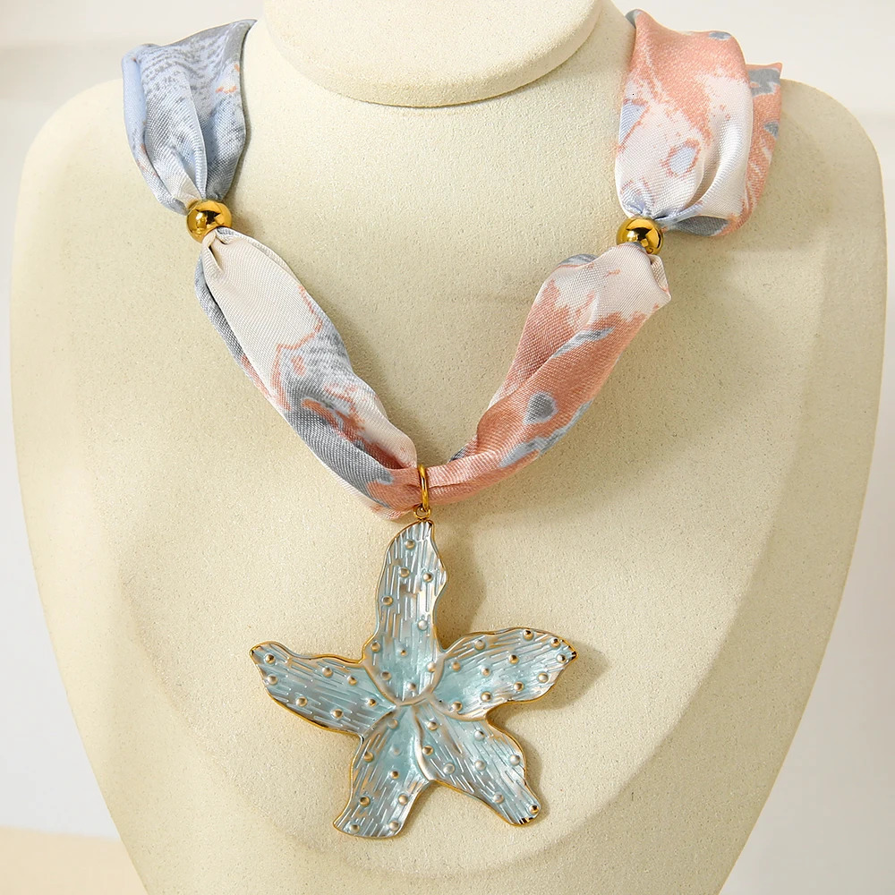 INS Style Dopamine Starfish Necklace Gold Plated Pendant Colorful Ribbon Chain Stainless Steel Necklace Jewelry for Women 260506