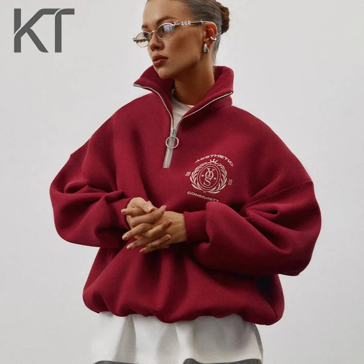KT "Anti-aging style"Oversized Sweatshirt Women Half Zip High Neck Embroidered Logo Puffed Sleeve Tops 2026 New Arrival