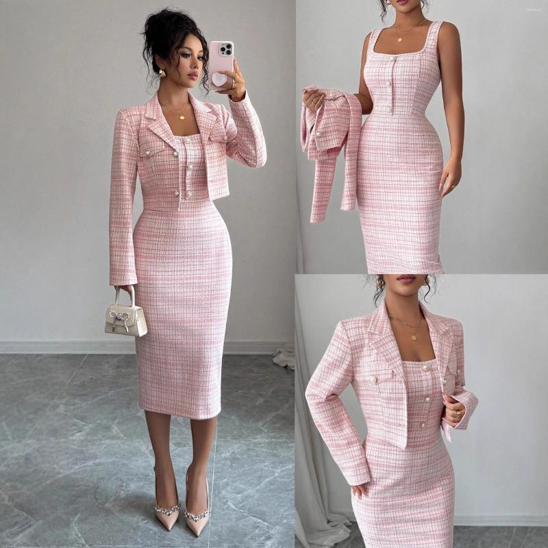 Robes décontractées costumes femmes manteau gaine 2 pièces ensembles costume veste robe d'été à carreaux imprimé tenues robes bureau dame printem