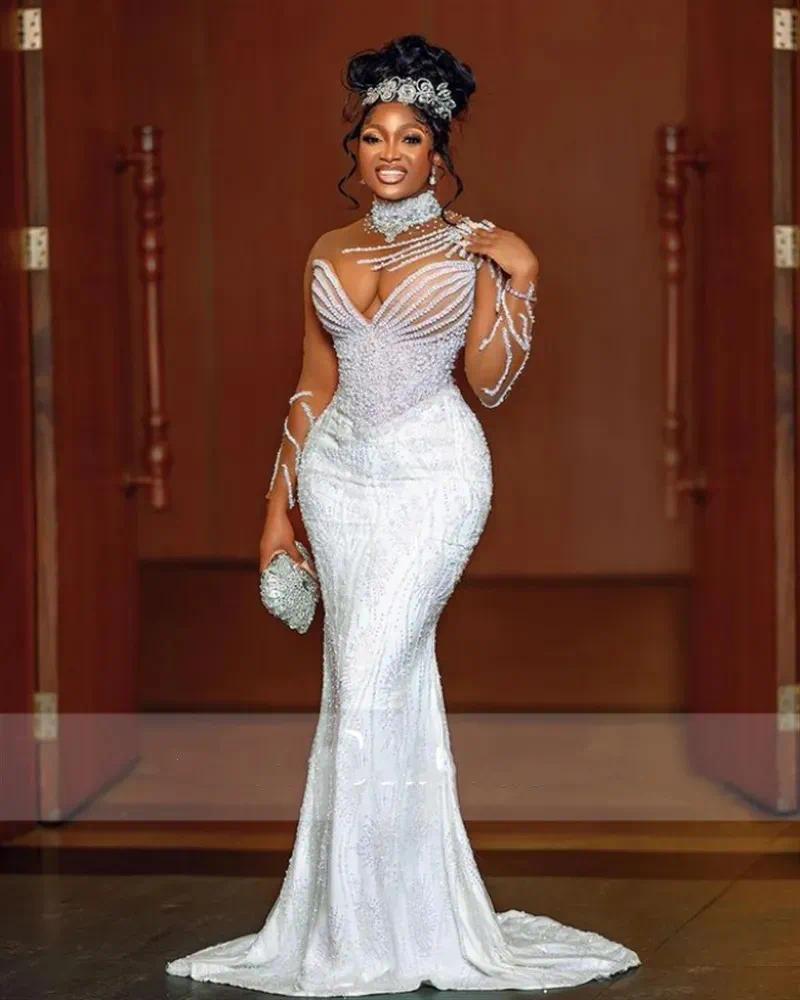 New Mermaid Wedding Dresses With Detached Bow Mesh Beading Pearls Luxury Sheer Long Sleeves Plus Size Bridal Gowns Custom Made Color/Size