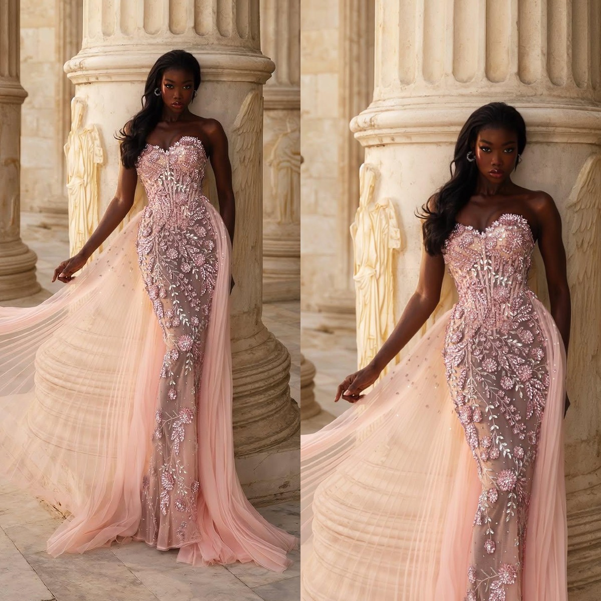Stylish Evening Dresses Crystal Strapless Mermaid Prom Dress with Overskirts Illusion Sleeveless Customized Party Gown Vestidos De Noche Plus Size