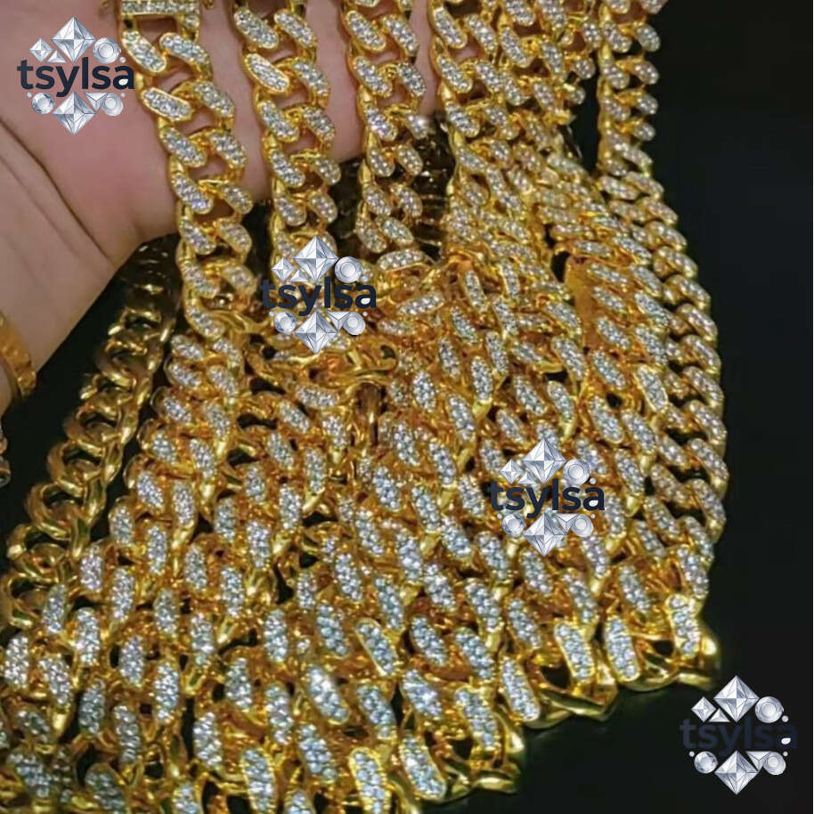 Rhinestone Alloy Cuban Chain European and American Men's Hip-Hop Jewelry Long Wholesale Full Diamond Rhombus Inlaid Necklace for Men