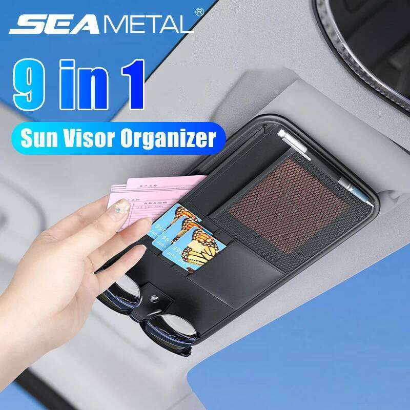 SEAMETAL 9 in 1 Sun Visor Organizer for Car PU Leather Zipper Bag Net Pouch Auto Storage Pocket with Glasses/Card Holder