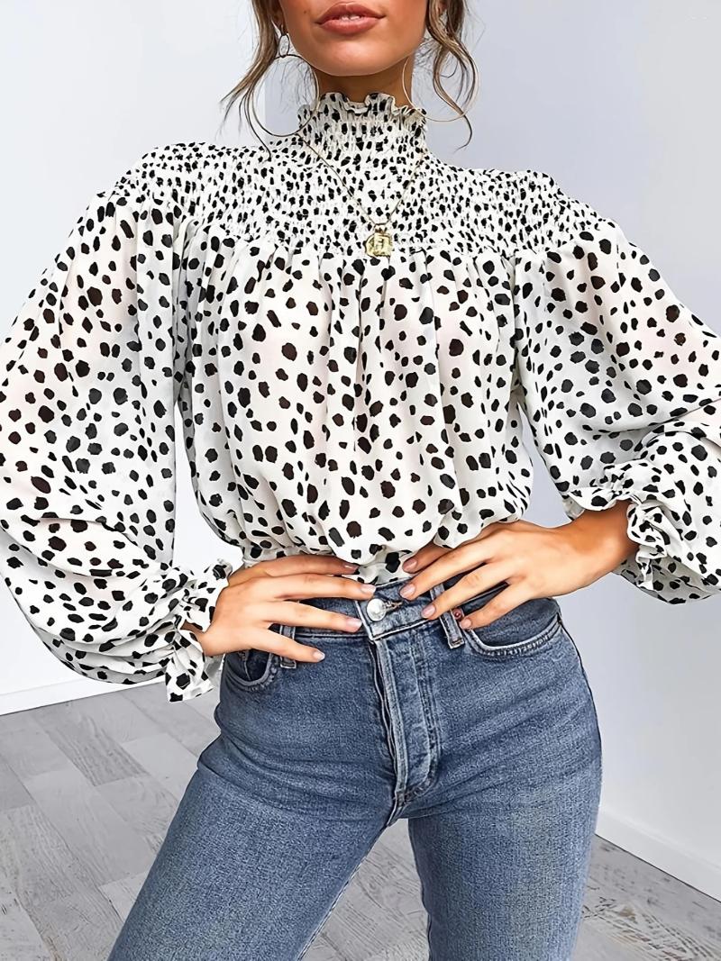 Women's Blouses Lion Print High Collar Lantern Sleeve Shirt Loose Casual Top With Belt Detail Leopard Patterned Long Fit 87