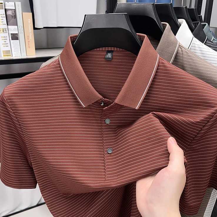 2026 Summer Short Sleeve T-Shirt Men Shirt with Collar Middle-aged and Elderly Casual Quick-Dry Ice Silk T-Shirt Striped H2605071