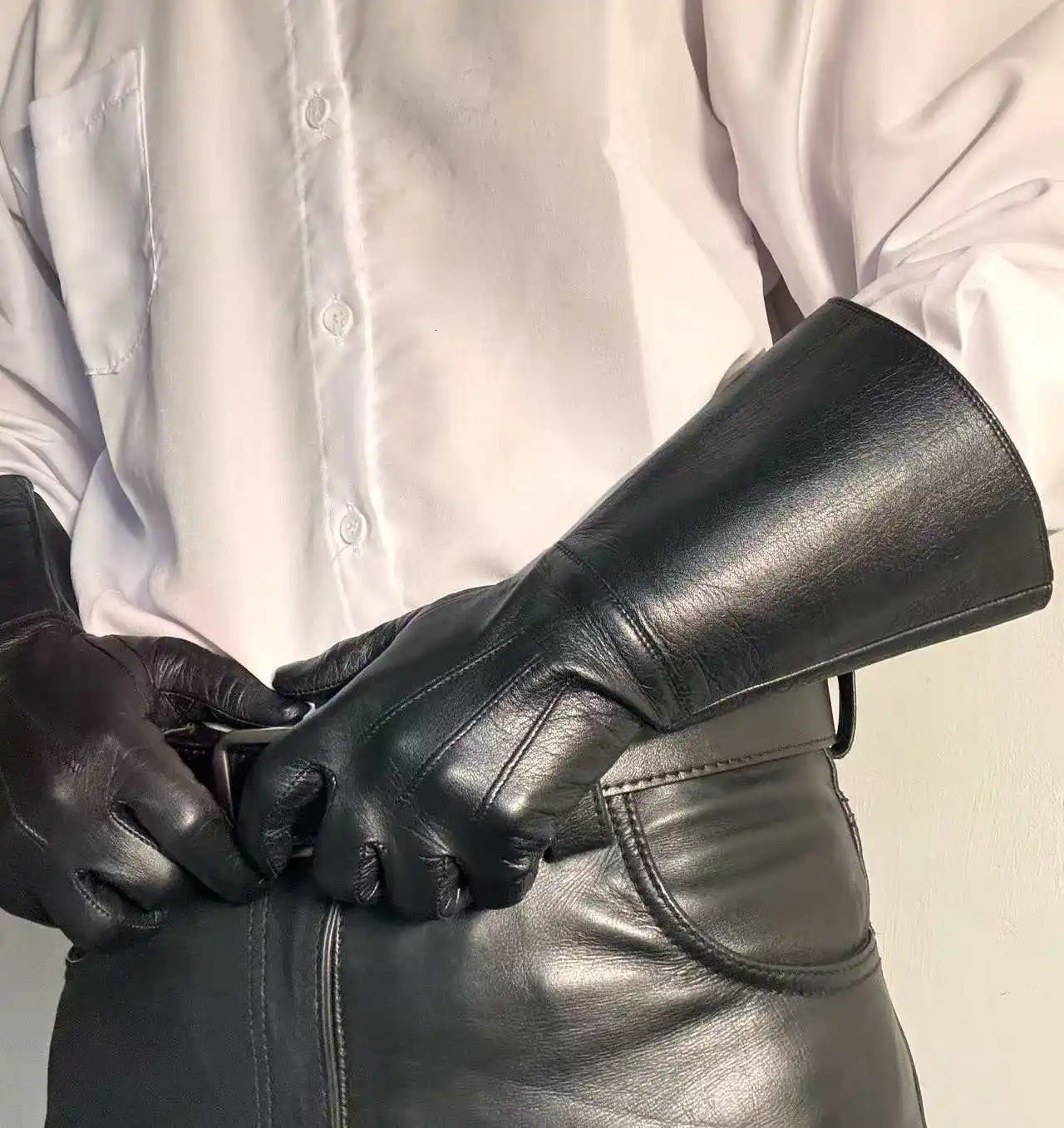 Five Fingers Gloves Mens Long Leather Gloves Genuine lambskin Unlined Thin Soft Touchscreen Fitted Black Gloves for Motorcycle Riding Drivi 260507