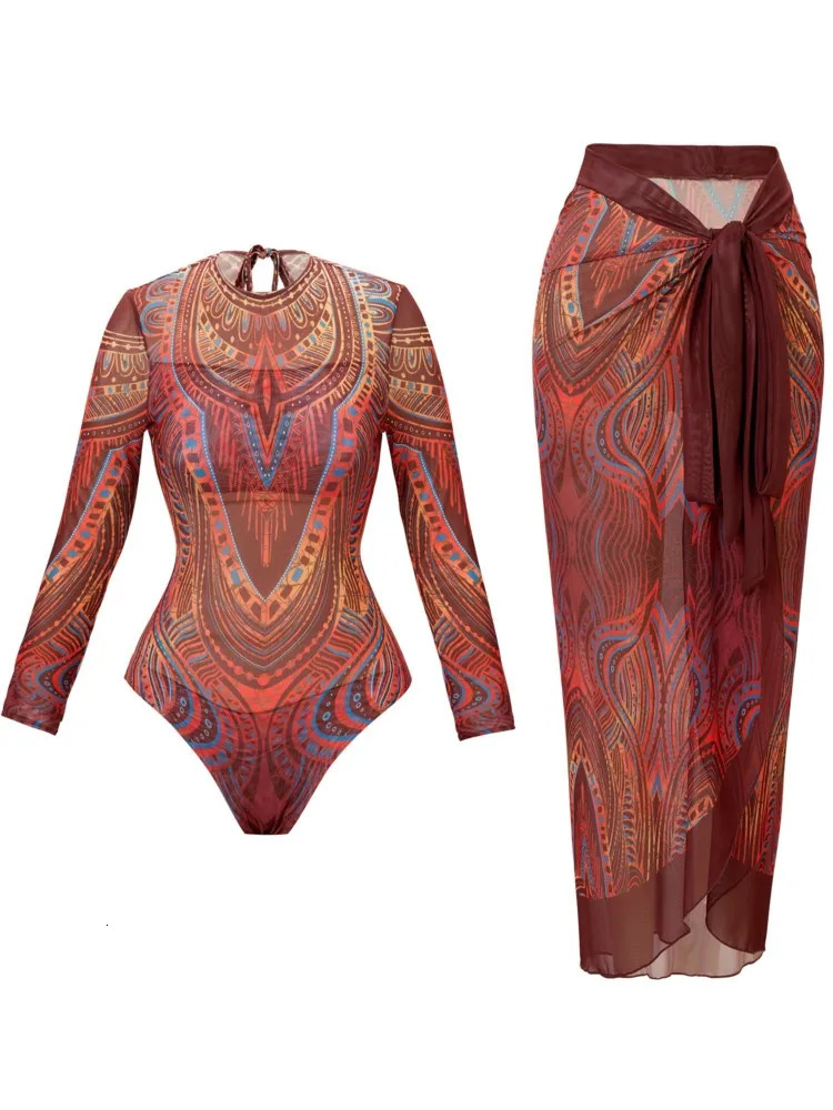 Retro Bikini Printed Fashion Two Piece Swimsuit And Cover Up With Skirt Tight Womens Bandage Summer Beach Elegant 260507