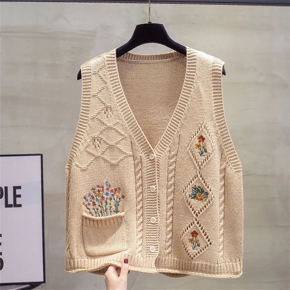 Korean V-neck knitted Cardigan Vest Womens Autumn Fashion Loose Sleeveless Elegant Sweater Waistcoat Female Tops 260430