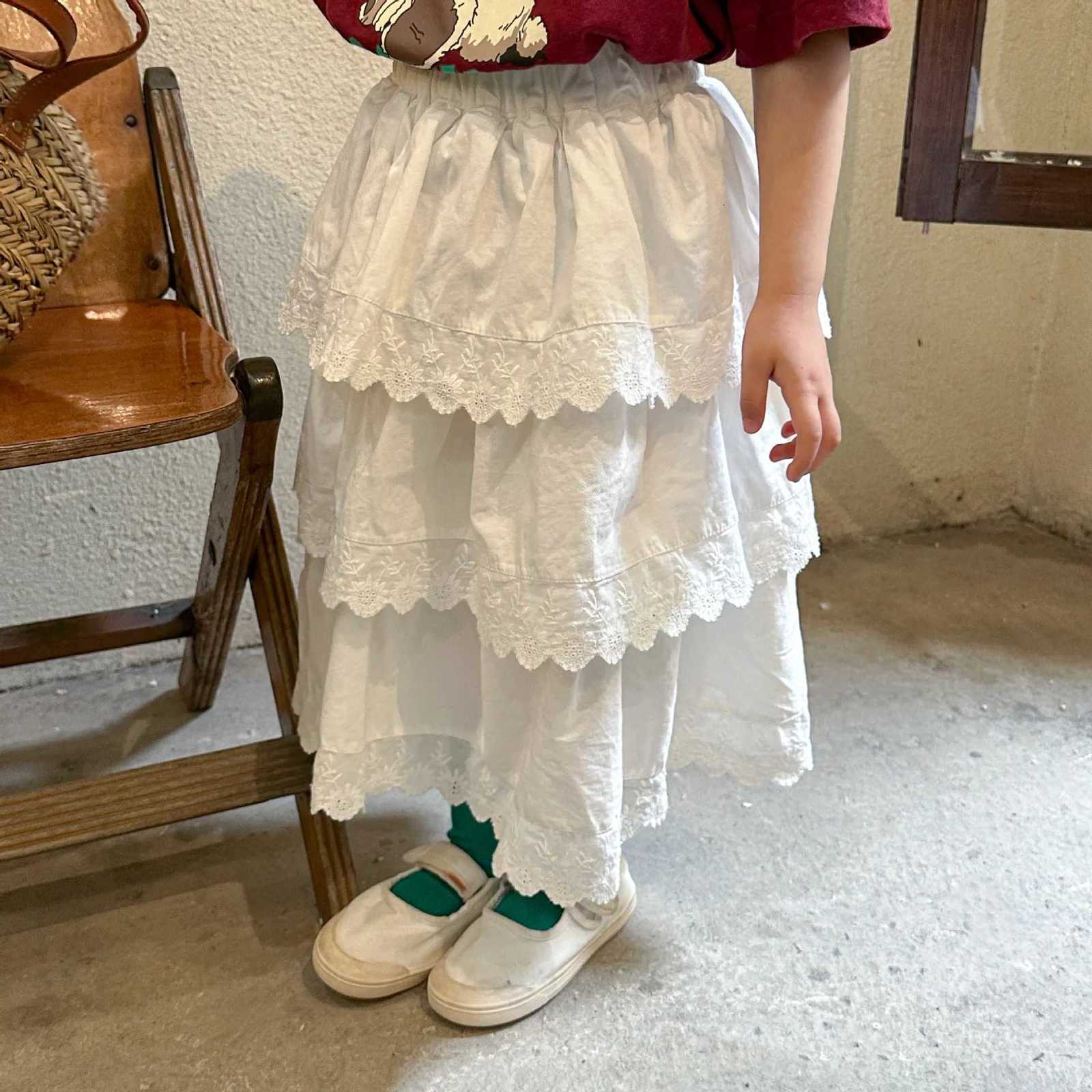 Girls Half Length Skirt Lace Princess Skirt Pure Cotton Childrens Clothing Summer 2024 New Spring Autumn Baby Cake Long SkirtT260507