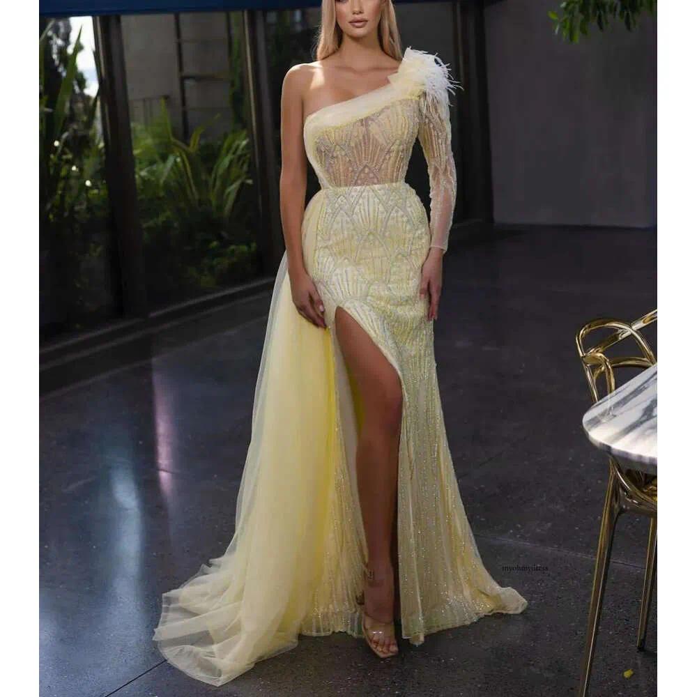 Yellow Sparkly Prom One Long Sleeve Bateau 3D Lace Sexy Appliques Sequins Beaded Floor Length Celebrity Side Slit Evening Dresses Plus Size Custom M