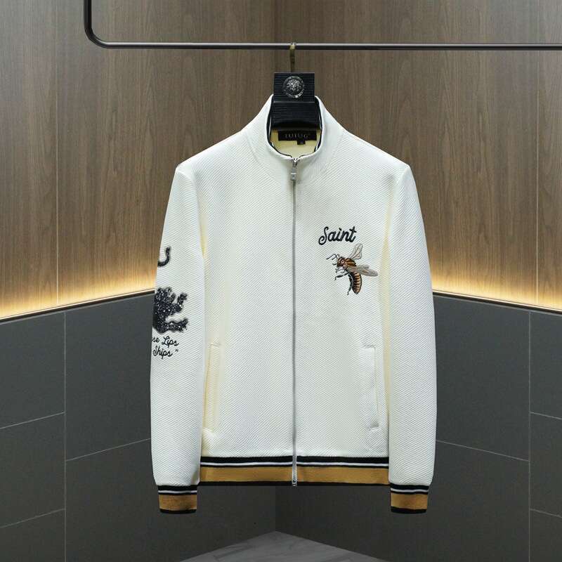 Luxury European Style Embroidered Cardigan For Men, Trendy Slim Fit, Autumn New Men's Stand-Up Collar Sweatshirt Jacket