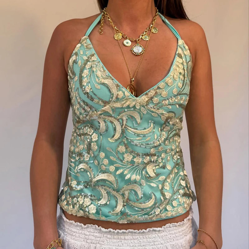 Glitter Beaded Shirt Vest Boho Beach Vacation Crop Top Sequin Sparkly Backless Tie Up Halter Tops Women Y2k Fairy Coquette Camis 260507