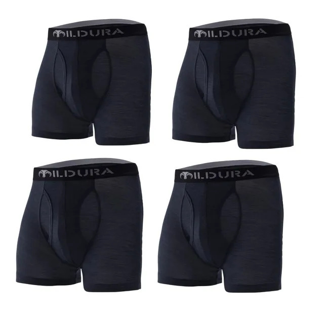 MILDURA Men's Slim Fit 100% Merino Wool Boxer Briefs, Black Knit Underwear, Breathable Wool Boxers