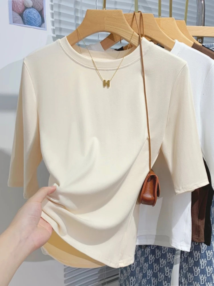 AOSSVIAO 2026 Summer 100 Cotton Womens T-shirt Bottoming Basic Crew Neck Fashionable Solid Lady Short Sleeve Tops Shirts 260430