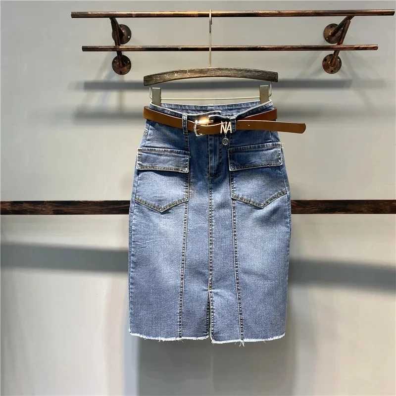 High waisted Elastic Mid length hip Hugging Skirt For women Spring Summer 2025 New Fashion Slit and versatile Denim Skirts C260507