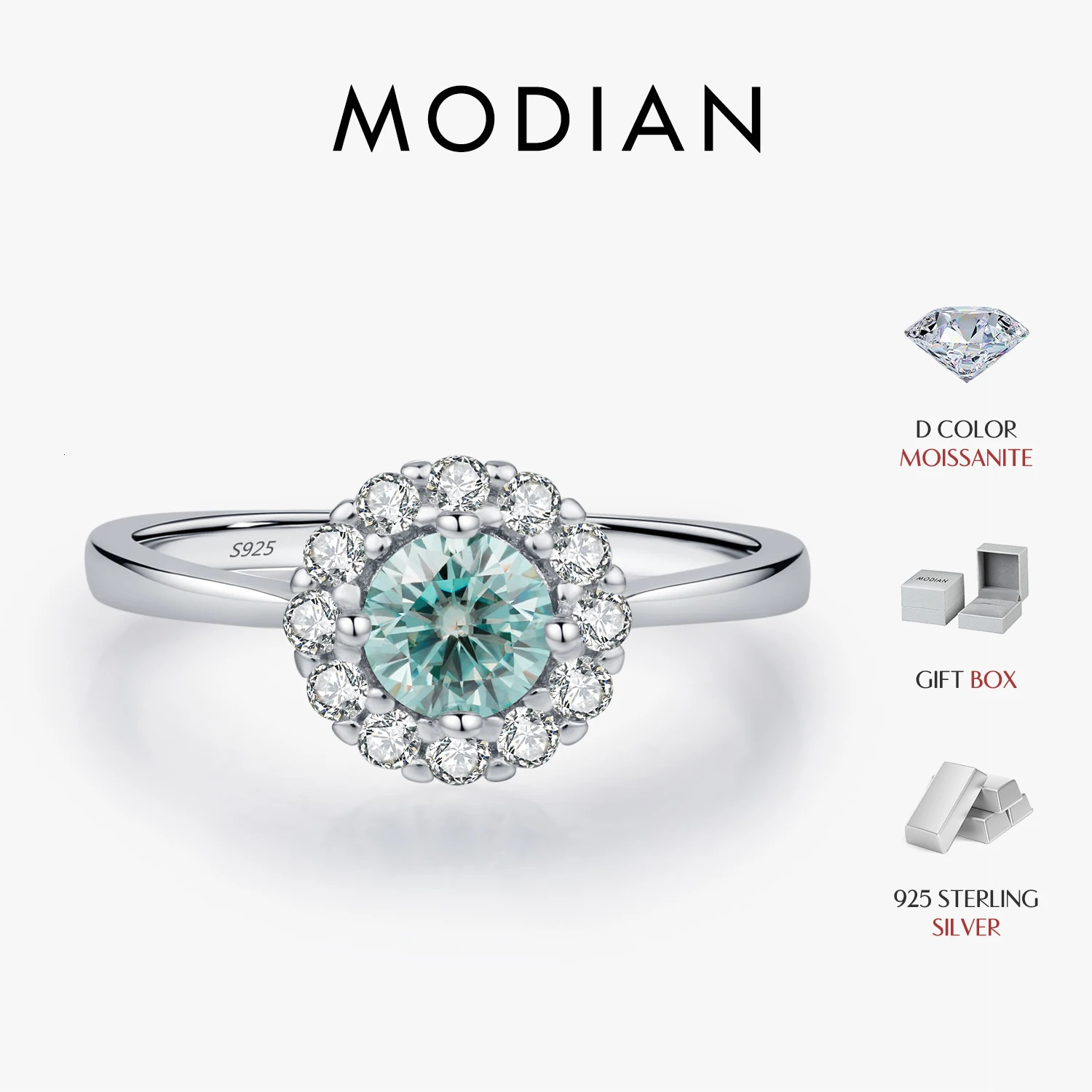 MODIAN D Color Green Teal Halo Ring 925 Sterling Silver Trendy Elegant Finger Rings For Women Wedding Fine Jewelry 260430BJ