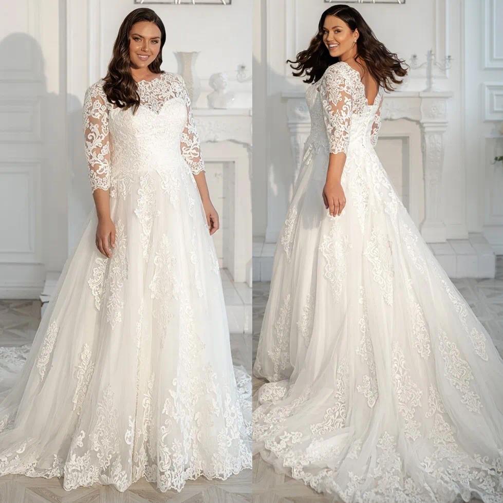 Plus Size Stylish Lace Wedding Dresses Sheer Bateau Neck A Line Long Sleeves Bridal Gowns Sweep Train Tulle Custom Made Color/Size