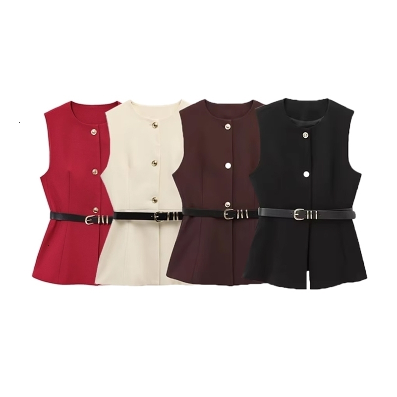 Womens Long Waistcoat with Belt Front Gold Button O Neck Sleeveless Vest Female Outerwear Chic Tops Fashion i260507