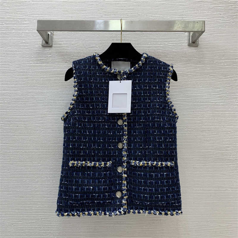 luxury designer jacket women tweed Silk-lined round-neck sleeveless vest jackets slim-fitting button-down front Navy blue top