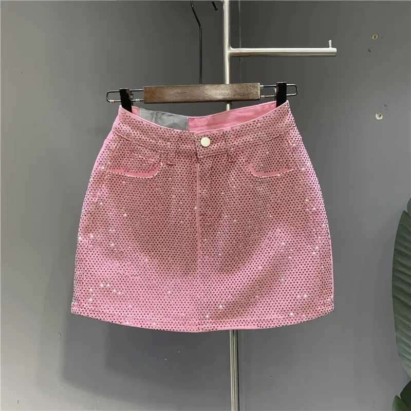 Heavy Industry Hot Drilling High-End Denim Skirt 2024 Spring And Summer New High Waist Pink Sexy A-Word Skirt C260507