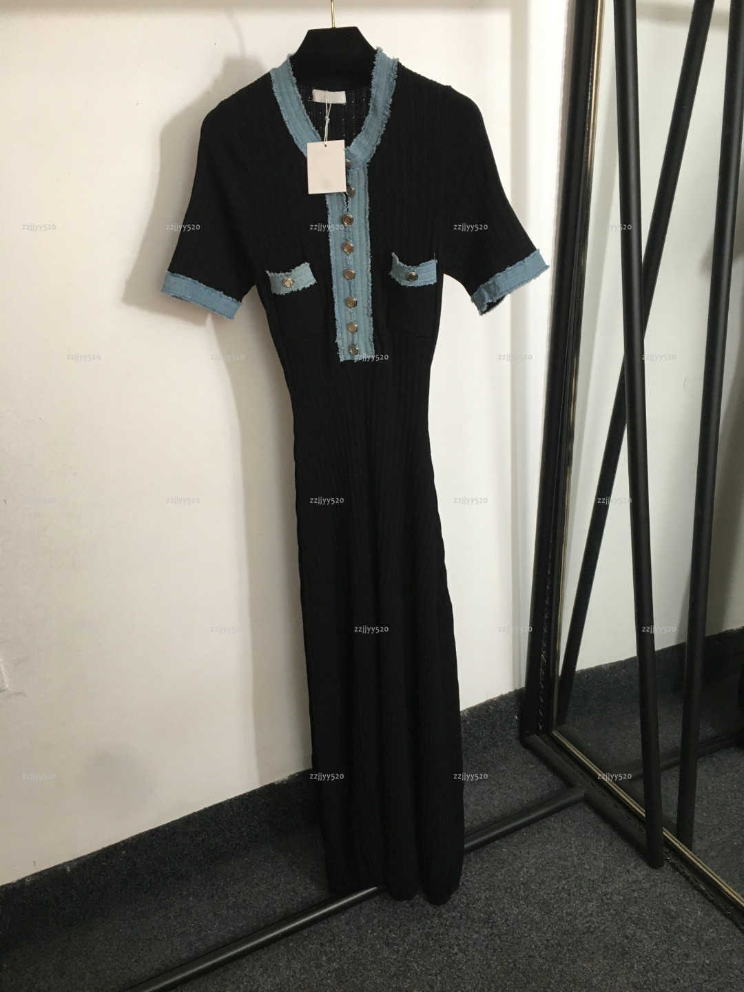 Brand V collar women dress Autumn lady dresses women designer clothes tassel denim patchwork slim fit short sleeved knitted skirt A1159X01N207-image-1105619921