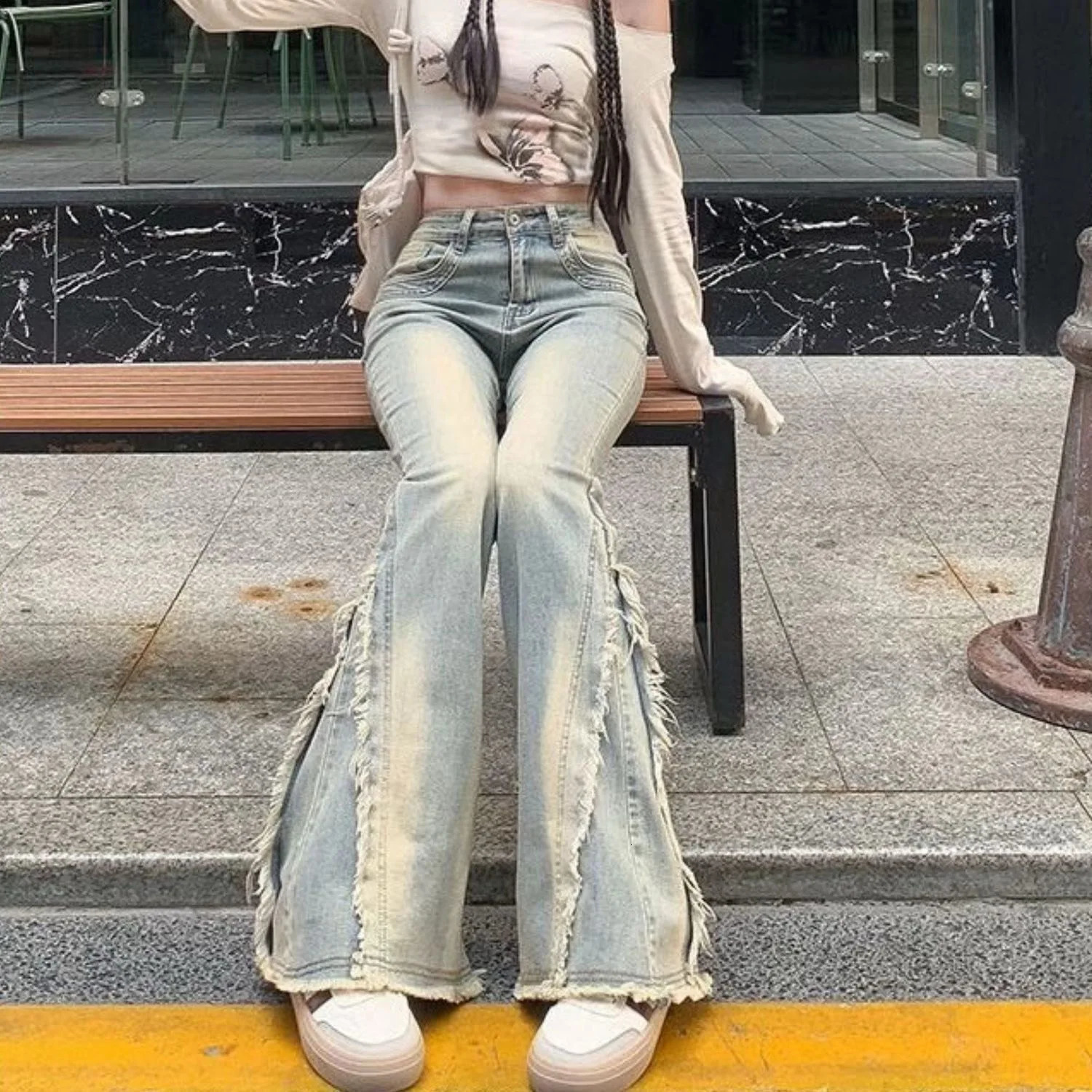 Women Vintage Blue Jeans High Waist American Retro 90s Raw Material Edge n Y2k Denim Pants Streetwear Wide Leg 260430