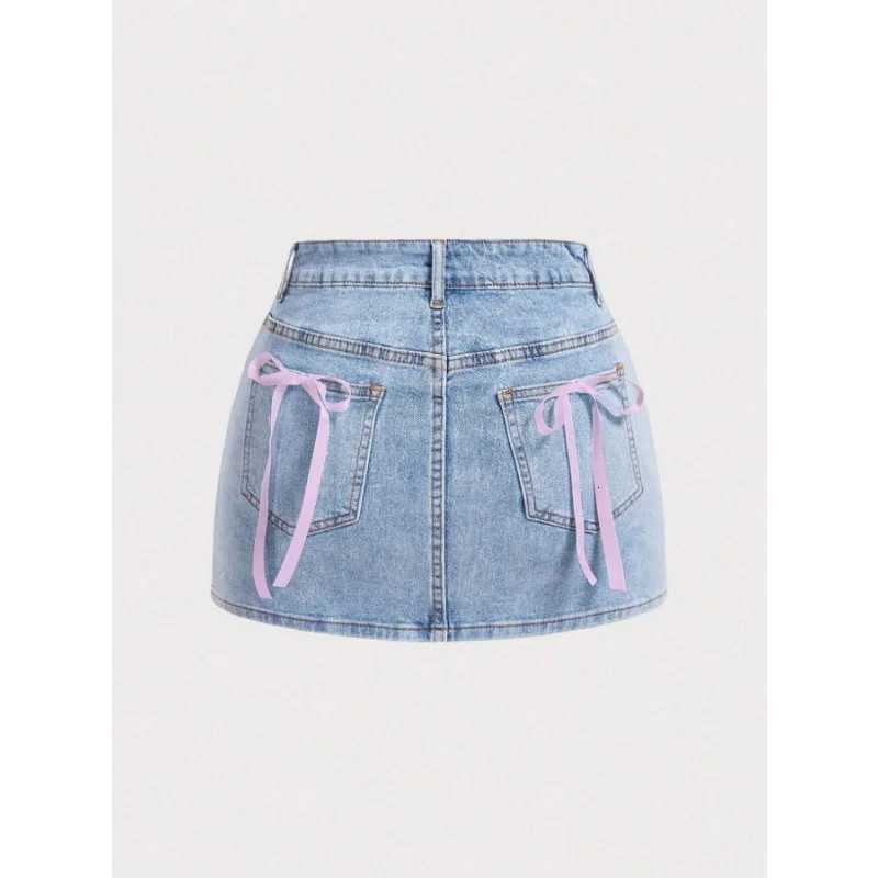 Womens Y2K Light Blue Denim Mini Skirt High Waist A-Line Skirt With Pink Bow Pockets Cute Casual Streetwear Skirt C260507