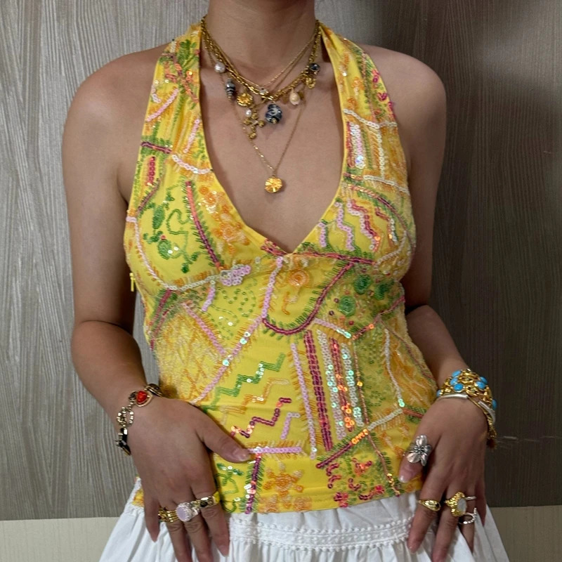 Y2k Boho Beach Sequin Beaded Halter Tops Vintage Sparkle Giltter Crop Tops Women Backless Camisole Sexy Sleeveless Shirt Vest 260507