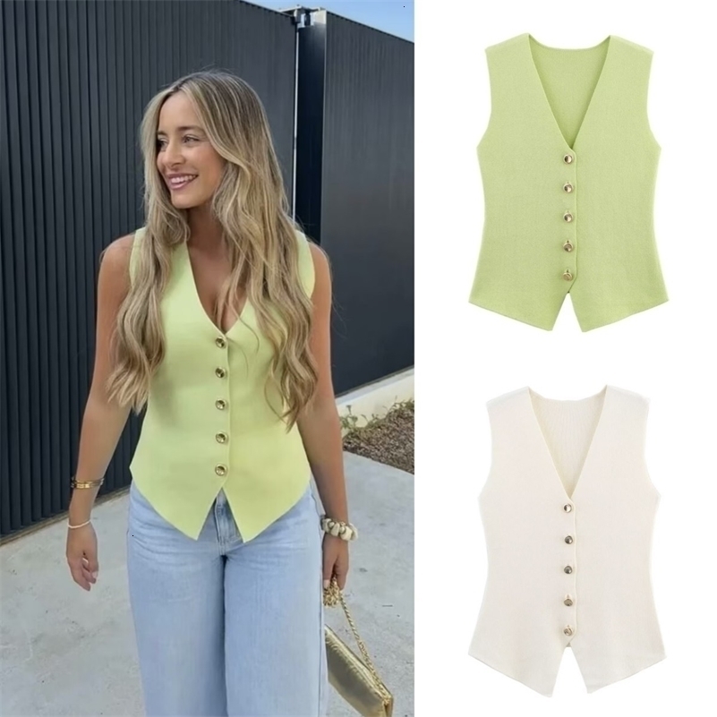 ETJ womens elegant fashion all-match V-neck sleeveless vest jacket knitted waistcoat i260507