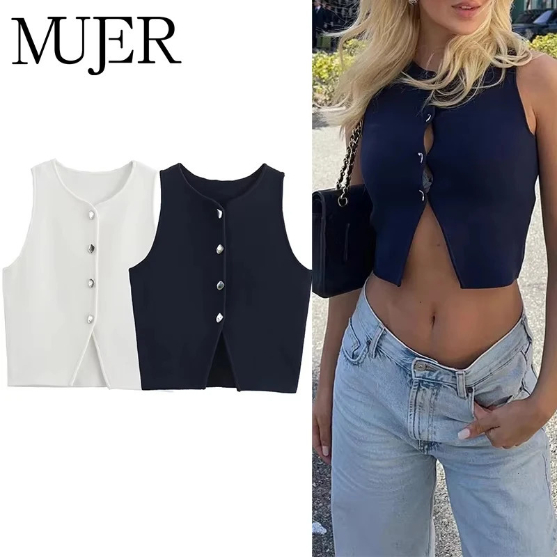 MUJER Women's Y2K Slim Fit Navy Blue Acetate Button-Front Cropped Knit Vest, Sleeveless Summer Sweater Top