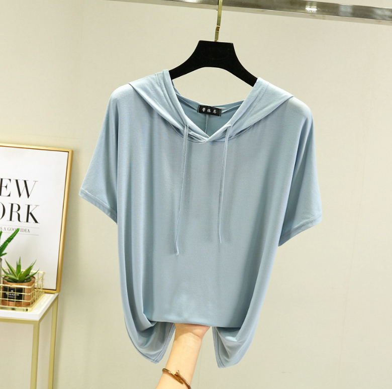 A549 T-shirt fin grande taille en Modal pour femmes, sweat-shirt d'été à capuche et manches courtes de couleur unie