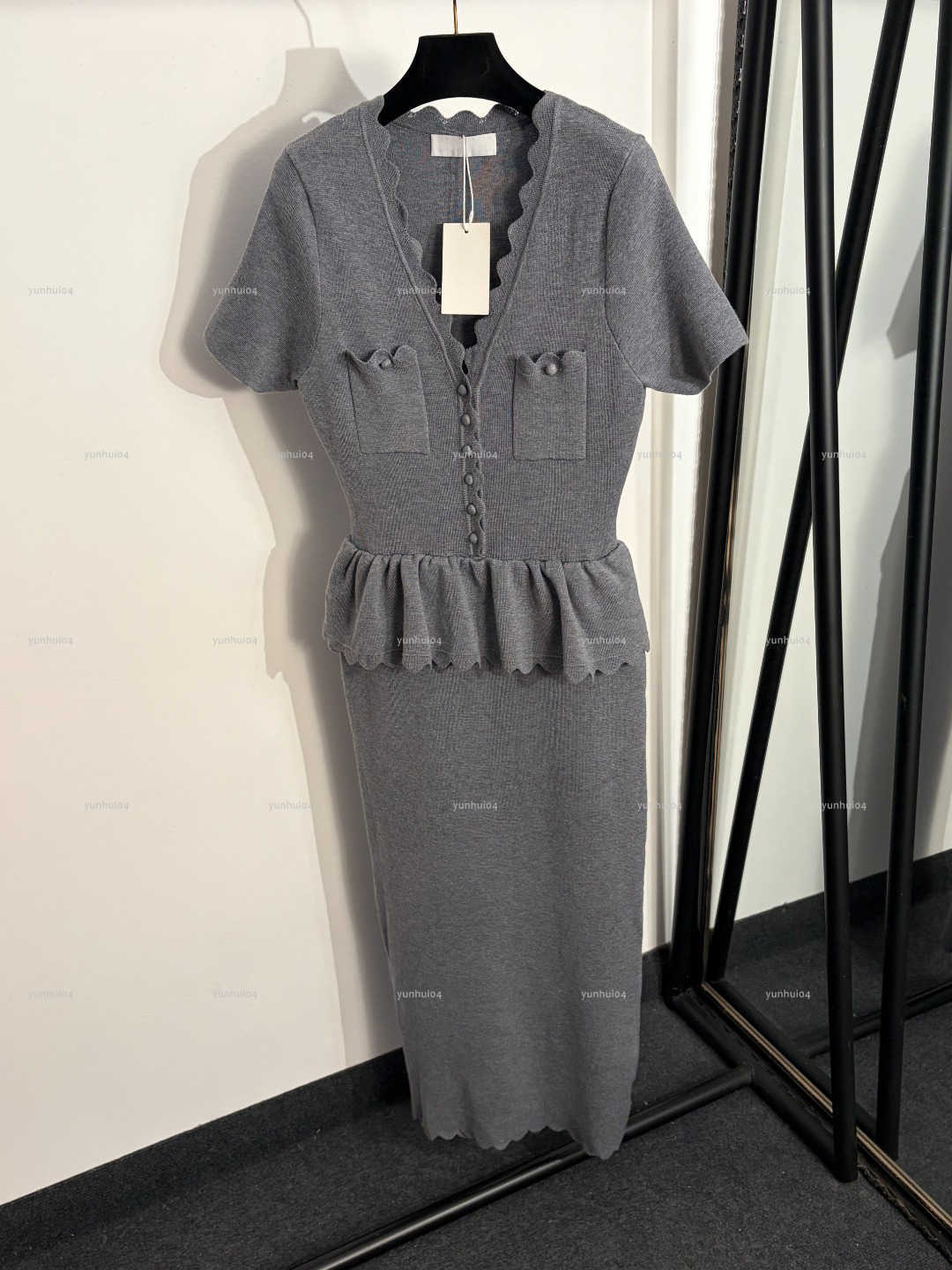 Popular V collar women dress Summer lady dresses women designer clothes lotus leaf waist bag hip knitted short sleeved skirt A1026X01N207-image-1104983739