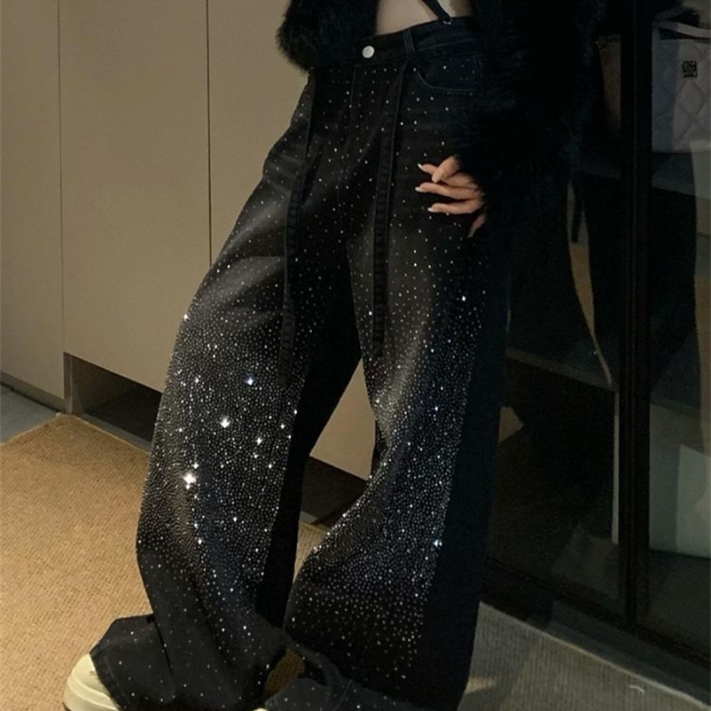 Retro American Glittering High Waist Wide Leg Jeans Womens Loose Slimming Floor-Length Casual Denim Pants Comfortable Spring 260430