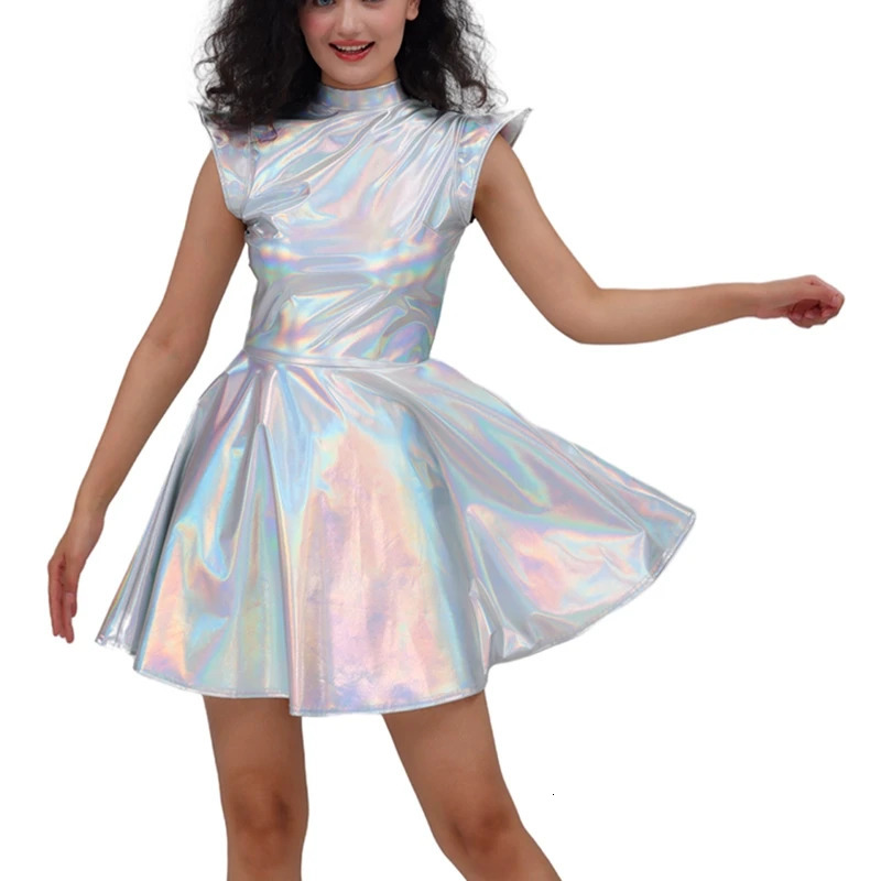 Metallic Womens Shiny Dress Holographic Solid Color Turtleneck Pleated Dress Carnival Costume Gold Silver Rave Dress Outfits 260507
