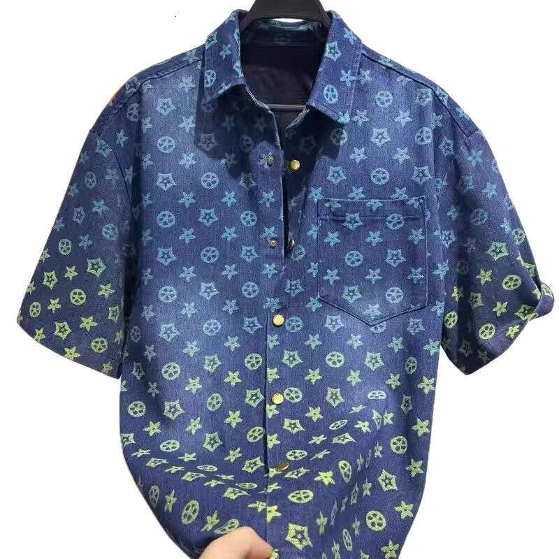 Manufacturer Wholesale New Gradient Color Denim Short-Sleeve Floral Shirt For Men, Trendy, Fashionable, Versatile, Loose-Fitting, Trendy Brand Top