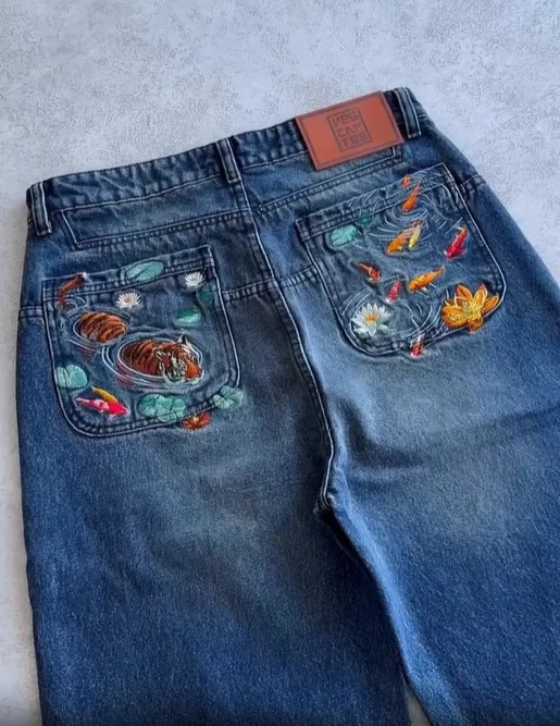 Preppy Style Men's Blue Denim Cargo Jeans, Wide Leg Pants with Koi Embroidery, Zipper Fly, Functional Cargo Pockets