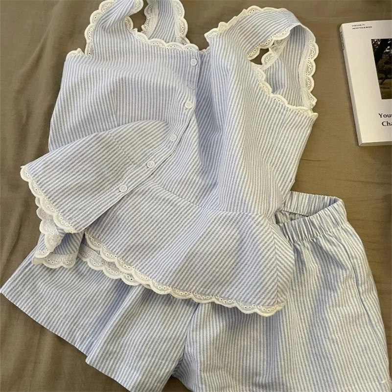 Acrylic Knit Women's Summer Pajama Set, 2-Piece Sleeveless Tank and Shorts with Pink Striped Ruffled Hemline