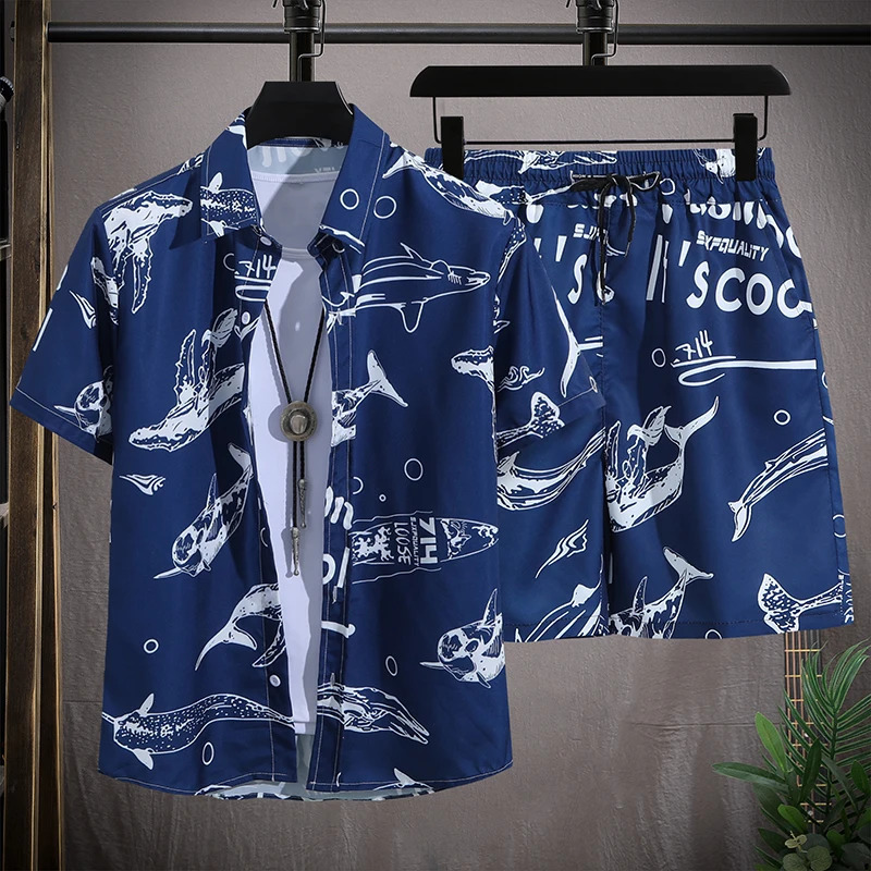 Mens Hawaiian Beach Set Single Breasted Short Sleeve Shirt and Shorts Casual Summer Vacation Travel Outfit 260506