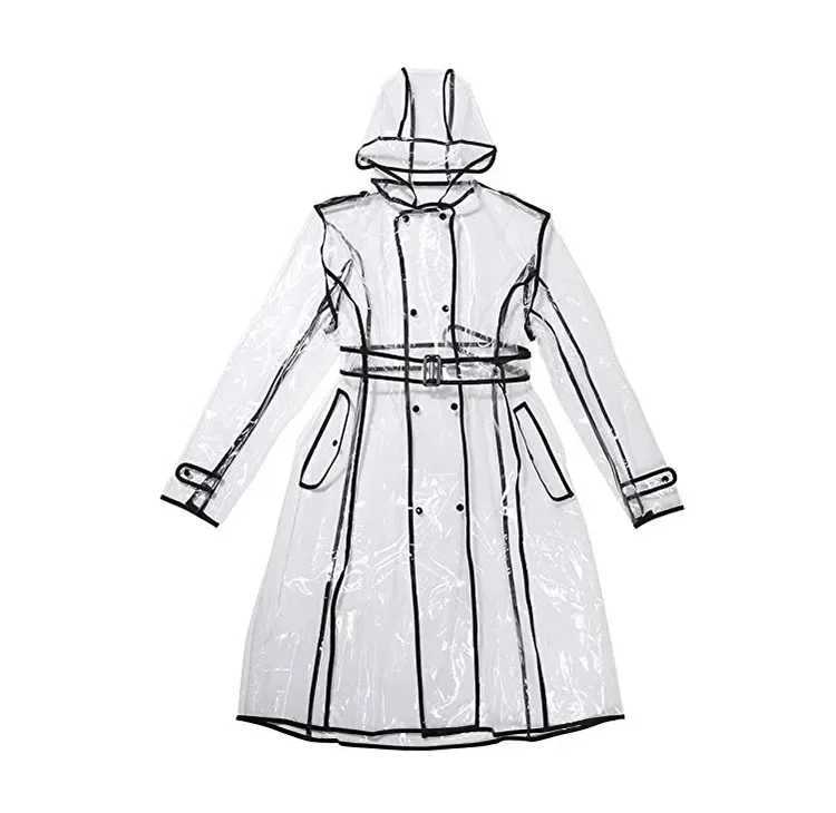 Transparent Hooded Rain Coat Jackets with Belt Waterproof Transparent Plastic Clear Long Women Men Ladies Show Costumes Hip Hop S260508