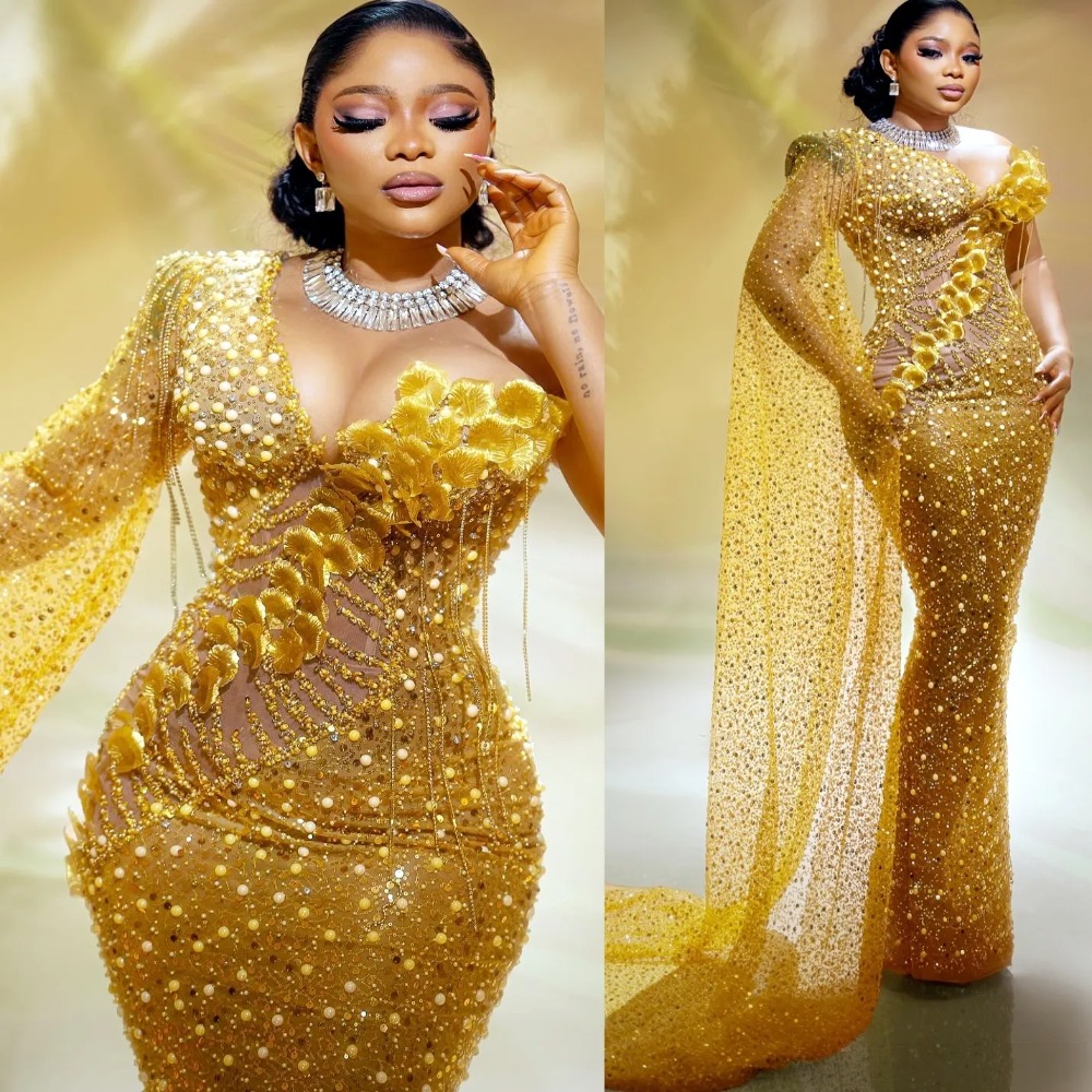 Sheath Yellow Prom Dresses Pearls Florals Sequined Beaded Evening Formal Party Second Birthday Engagement Gowns Plus Size Dress For Special Occasion
