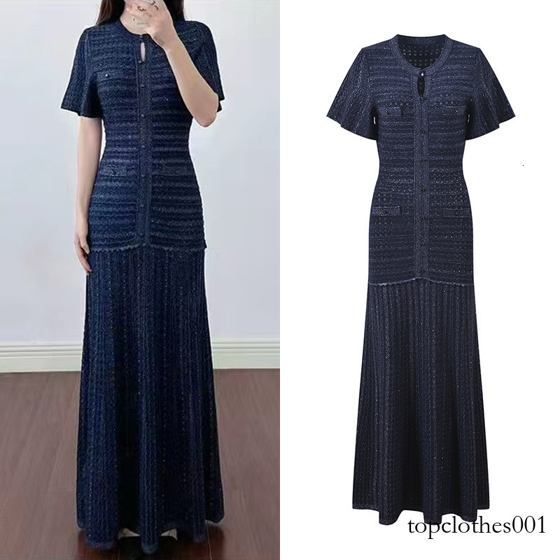2026 High Quality New Fashion Dark Blue Temperament Knit Long Dress Women Elegant O-neck Hollow-out Short Sleeve Slim Robe Ladies