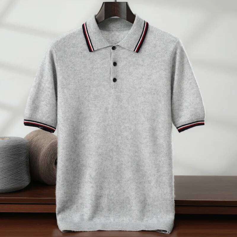 Spring Summer New POLO Designer Fashion Collar Knitted Short Sleeved 100% Cashmere T-Shirt Sweater Business Casual Loose Men's Tops Jumper