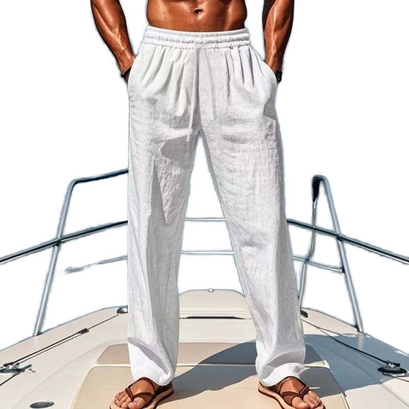 Spring Summer Men's Lightweight Breathable Linen/Cotton Elastic Flat Mid Rise Quick Dry Casual Sports Pants Trouser for Men