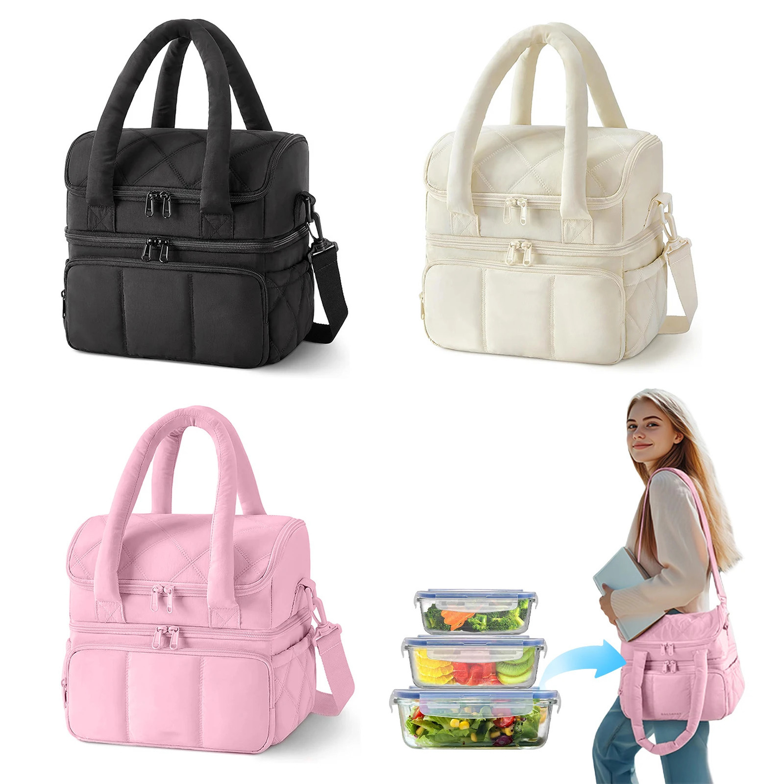 Large Lunch Bag Insulated Lunch Box 2 Tier Large Capacity Lunchbag Food Container for Picnic Hiking Camping 260508