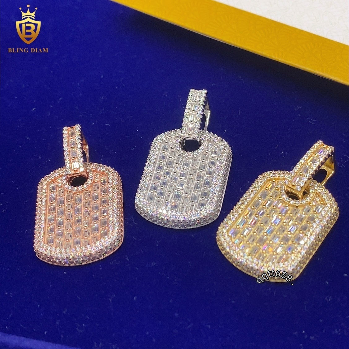 Iced Out Square Pendant Charms 925 Sterling Silver Baguette Cut Moissanite GRA Certified D Color Vvs Moissanite Pendant Necklace